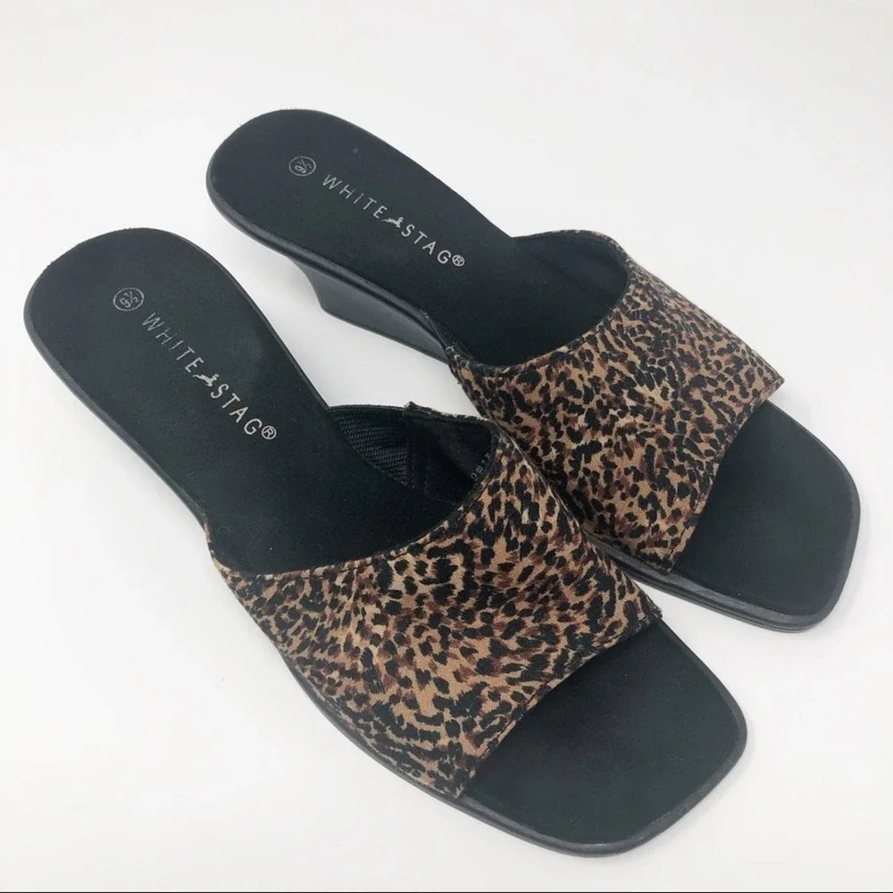 White Stag Animal Print Square Toe Wedge Heeled Slides Size 9.5